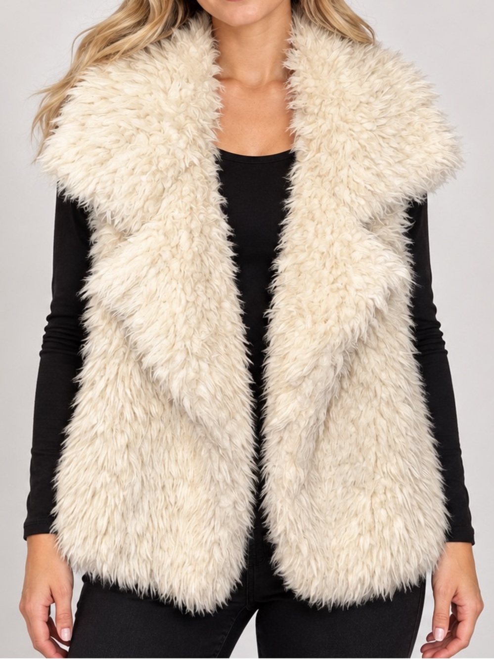 Aeropostale Cream Faux Fur Open-Front Vest with Shawl Collar